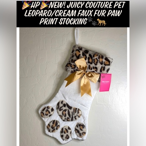 🎉HP🎉New Juicy Couture Pet Leopard/Cream Faux Fur Paw Print Holiday Stocking🐾 - Picture 1 of 10